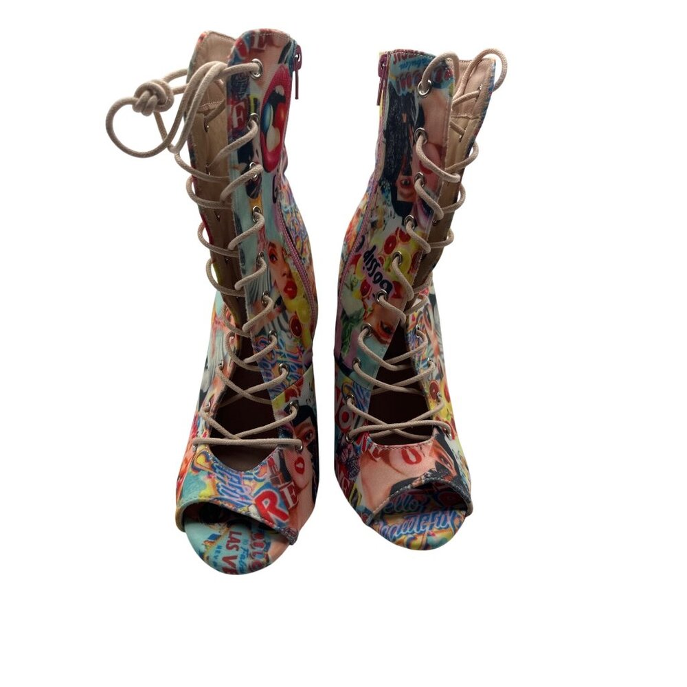 Chase & Chloe Size 7 Las Vegas Print Lace-Up Peep-Toe Ankle Boots - Picture 3 of 14